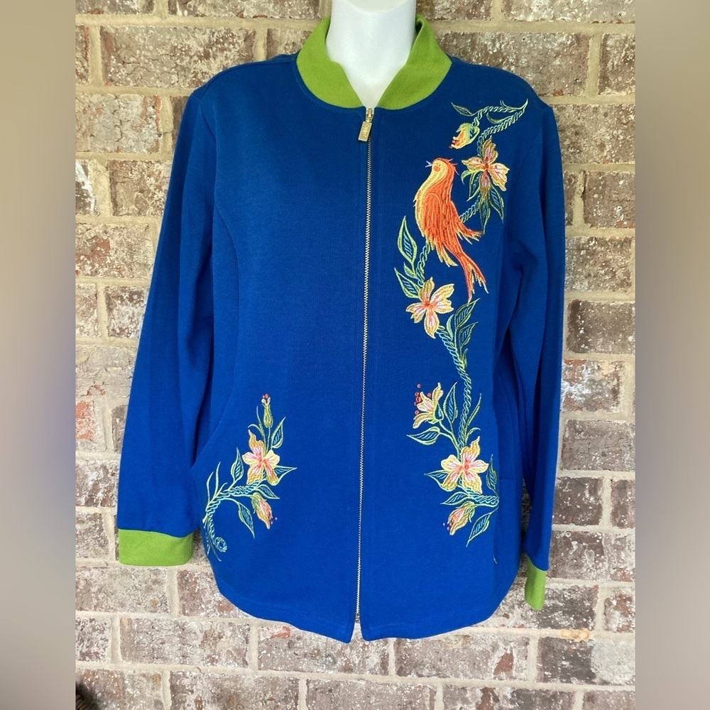 Bob Mackie Wearable Art zip up Bird Cardigan NWT Size Large